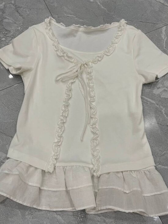 Tops - White Short Sleeve Ruffle Tie Top